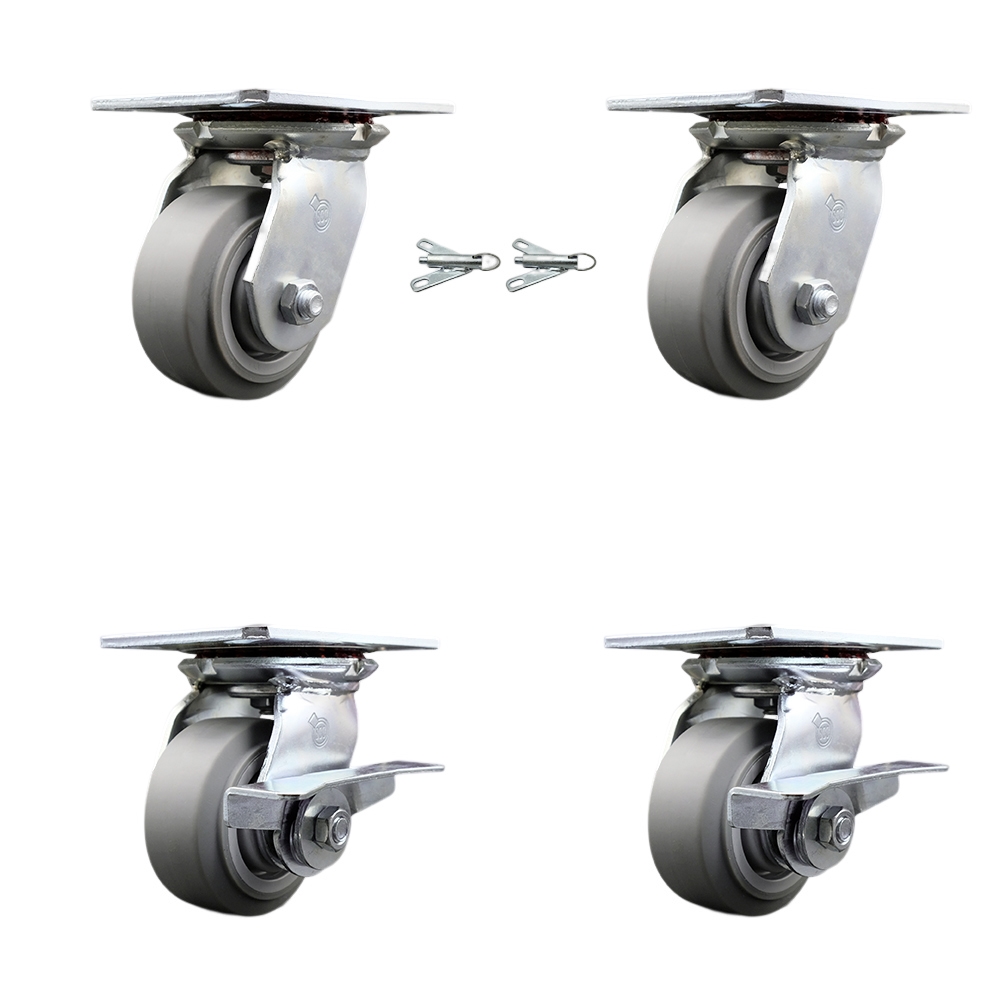 Heavy Duty Large Top Plate Thermo Rubber Flat Tread Swivel Caster with 4 x 2 in. Gray Wheels - 1200 lbs Capacity - Set of 4