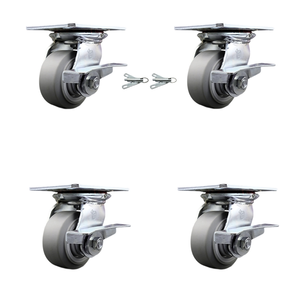 Heavy Duty Large Top Plate Thermo Rubber Flat Tread Swivel Caster with 4 x 2 in. Gray Wheels - 1200 lbs Capacity - Set of 4