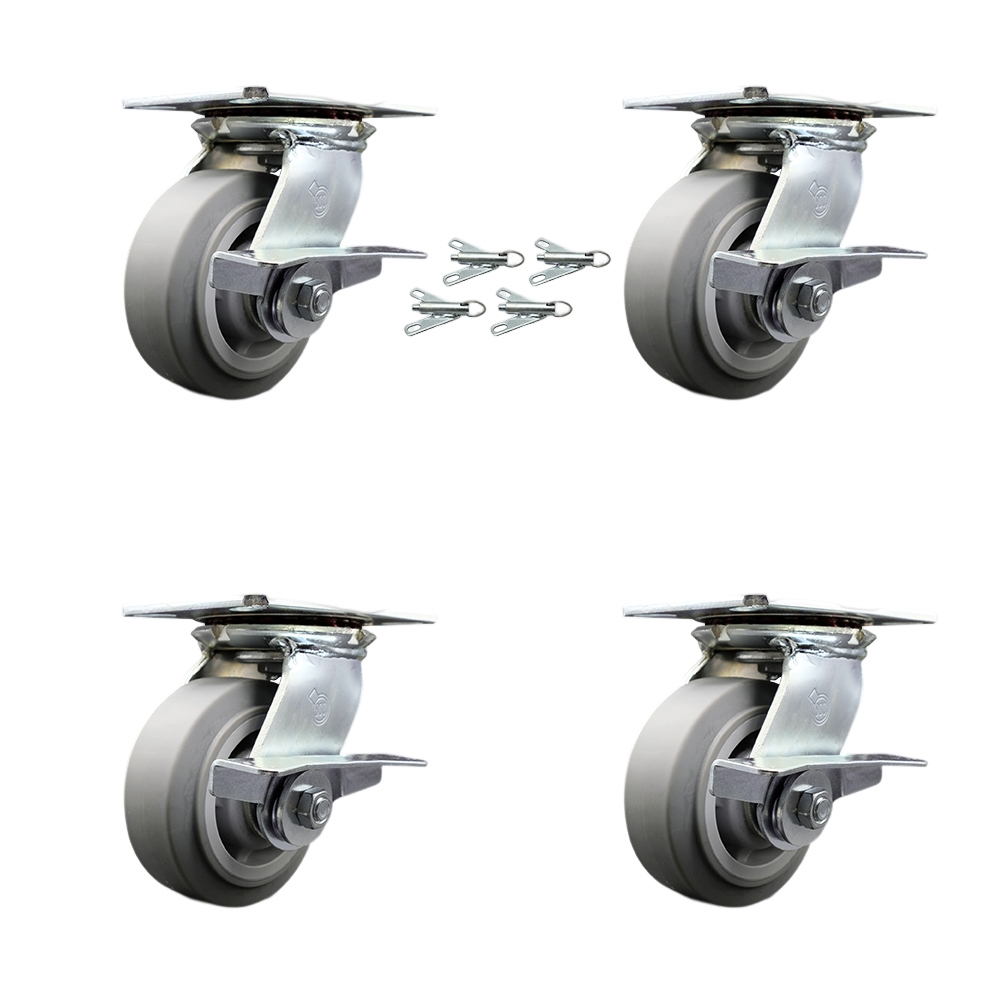 Heavy Duty Large Top Plate Thermo Rubber Flat Tread Swivel Caster with 5 x 2 in. Gray Wheels - 1400 lbs Capacity - Set of 4