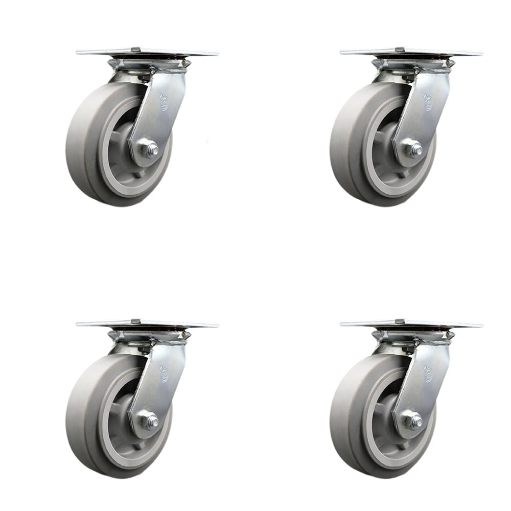 Heavy Duty Large Top Plate Thermo Rubber Flat Tread Swivel Caster with 6 x 2 in. Gray Wheels - 2000 lbs Total Capacity - Set of 4