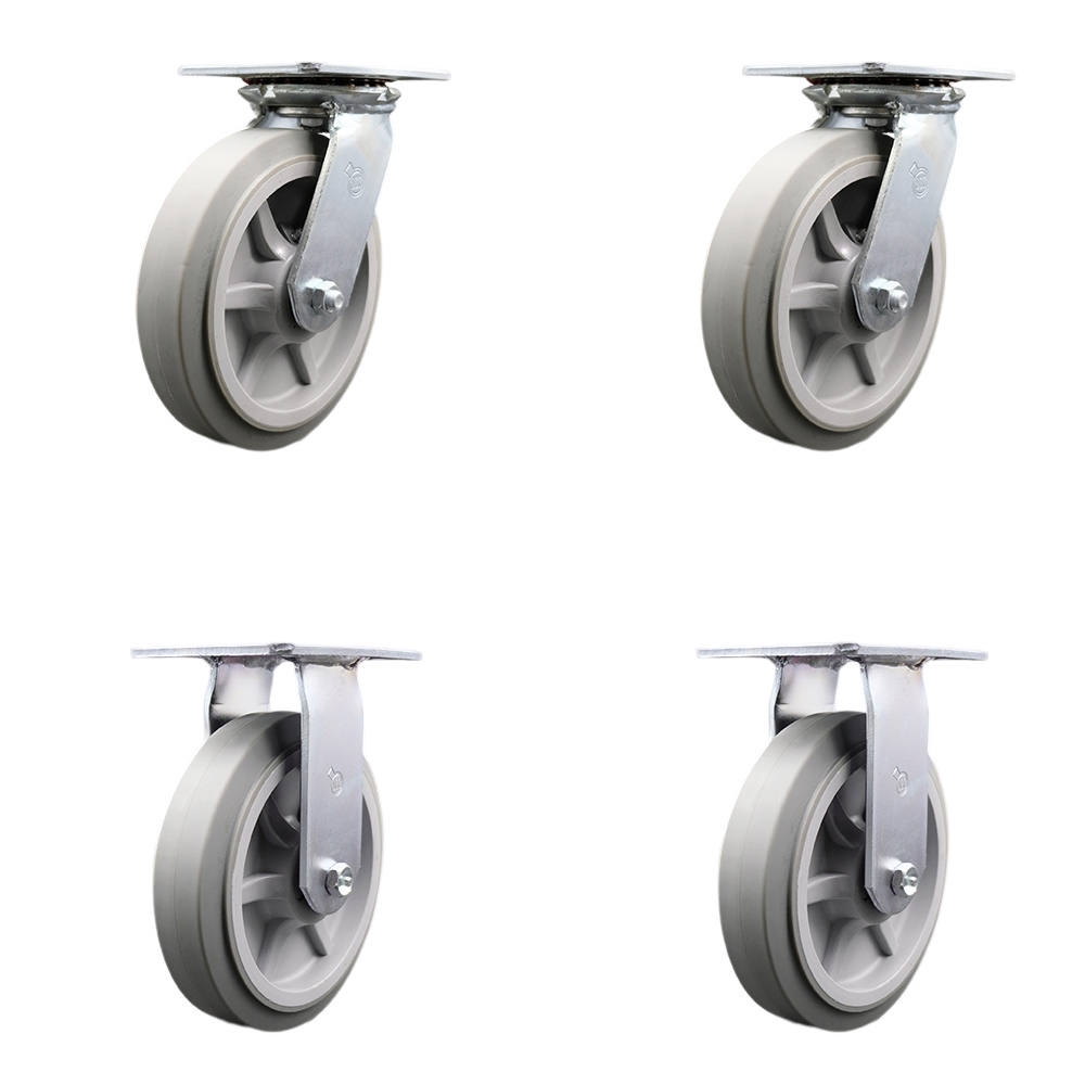 Heavy Duty Large Top Plate Thermo Rubber Flat Tread Swivel Caster with 8 x 2 in. Gray Wheels - 2400 lbs Total Capacity - Set of 4