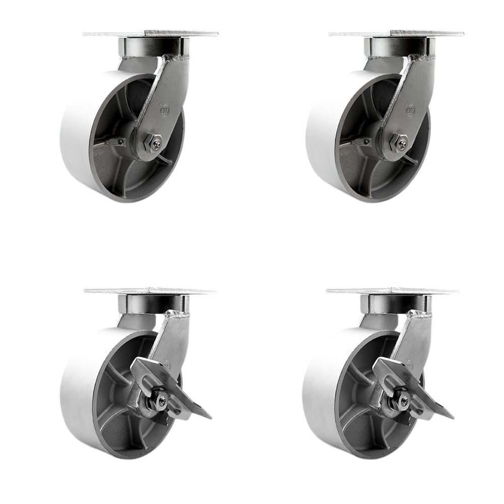 SCC-KP92S830-SSR-2-SLB-2 8 in. Swivel Top Plate Caster Set Extra Heavy Duty Casters with Semi Steel Cast Iron Wheels - Set of 4