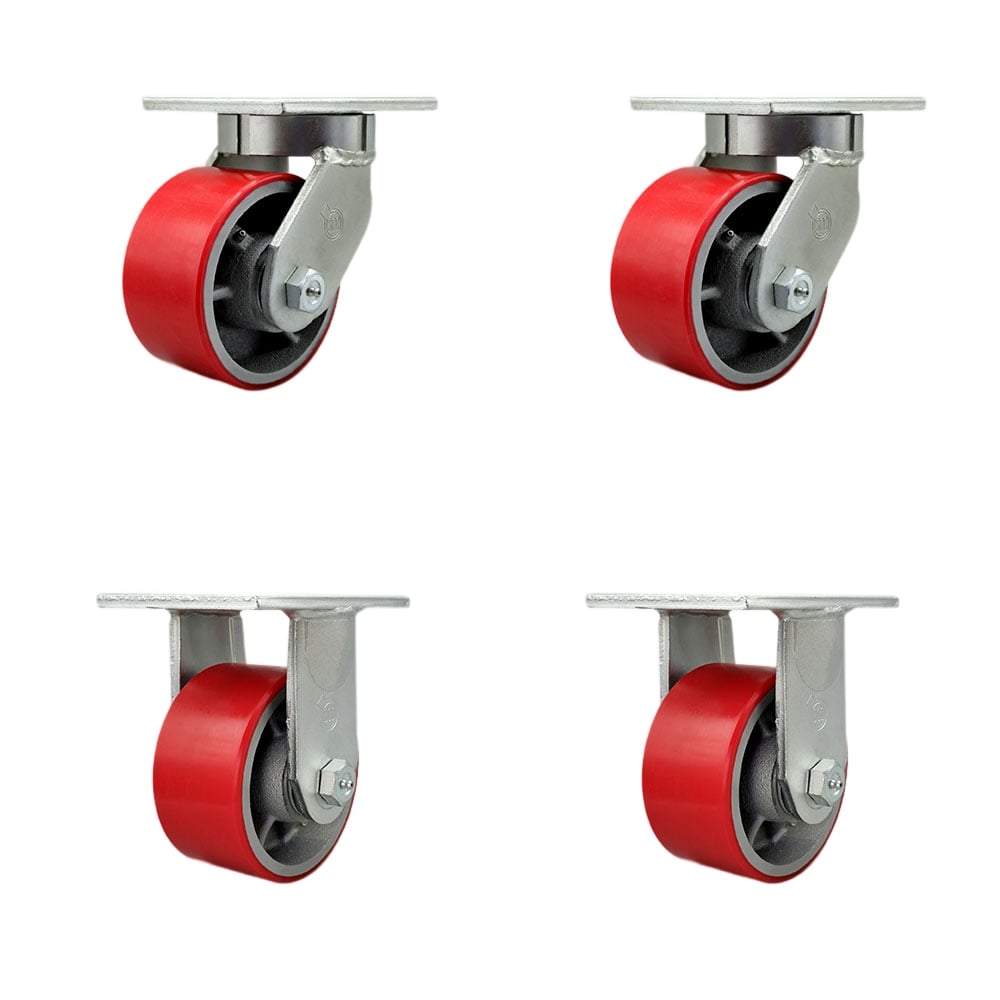 SCC-KP92S630-PUR-RS-BSL-2-R630-2 6 in. Swivel Top Plate Caster Set Extra Heavy Duty Casters with Red Poly on Cast Iron Wheels - Set of 4