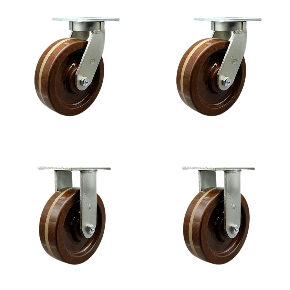 8 in. Swivel Top Plate Caster Set Extra Heavy Duty Casters with High Temperature Phenolic Wheels - 10000 lbs Total Capacity - Set of 4