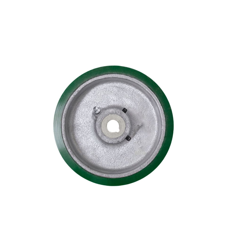 SCC-EZPUS415-16MM-KW-2SS 4 x 1.5 in. Green Polyurethane Tread on Cast Iron Keyed Drive Wheel - 16 mm Plain Bore with Two 0.25 in. Set Screws