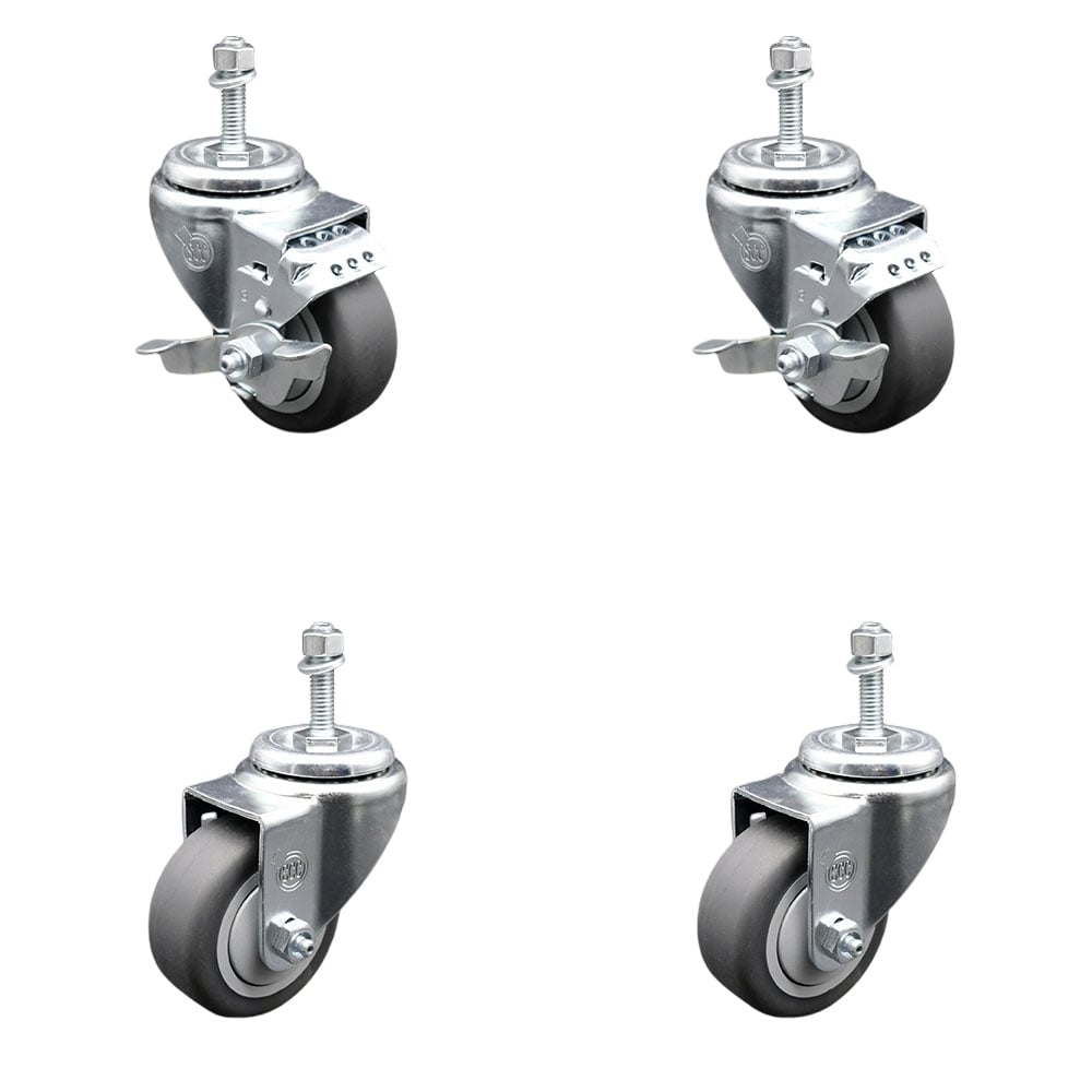 Thermoplastic Rubber Swivel Threaded Stem Caster - 3 x 1.25 in. Gray Wheels & 0.37 in. Stems - 840 lbs Total Capacity - Set of 4
