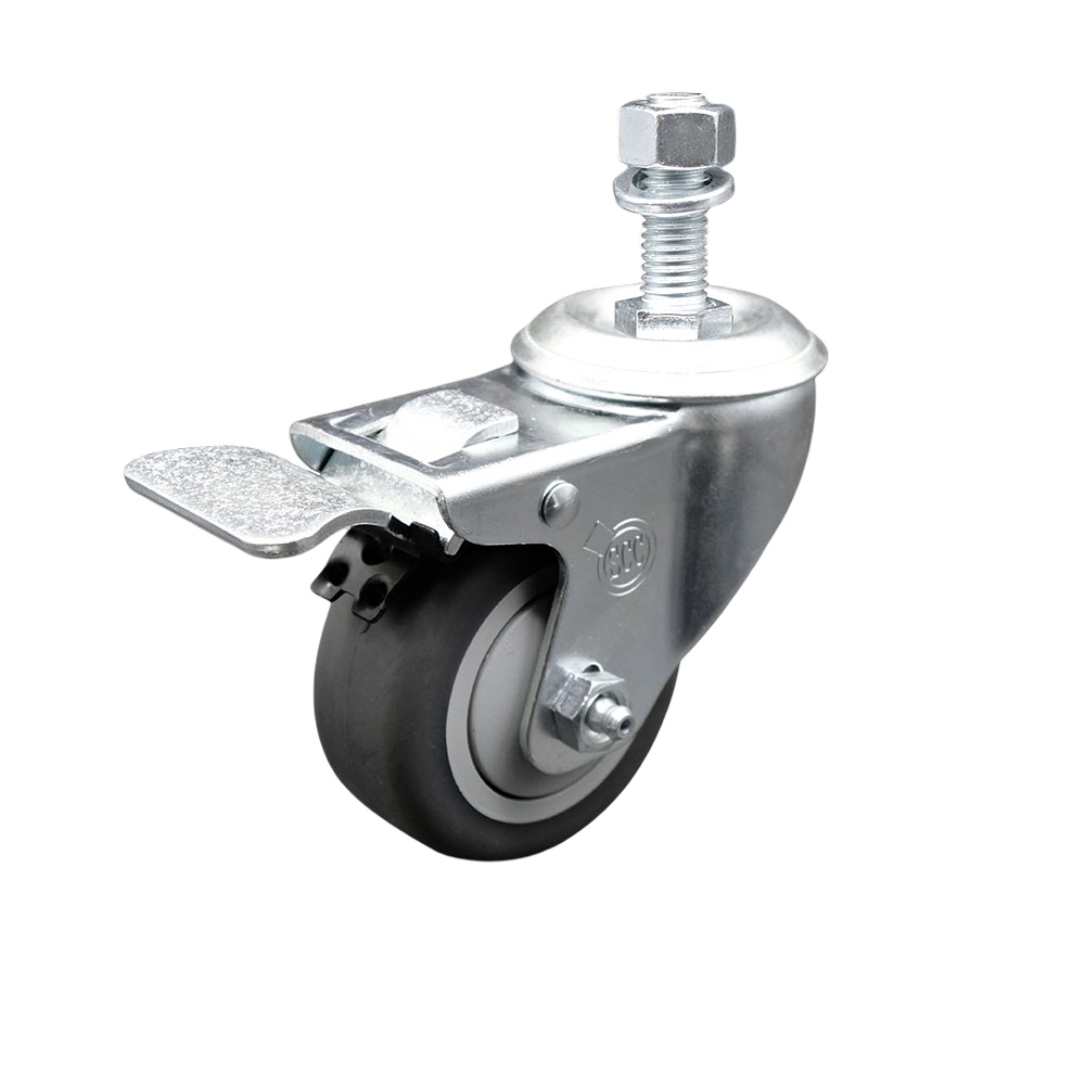 Thermoplastic Rubber Swivel Threaded Stem Caster - 3 x 1.25 in. Gray Wheel & 12 mm Metric Stem & Total Locking Brake - 210 lbs Capacity per Caster