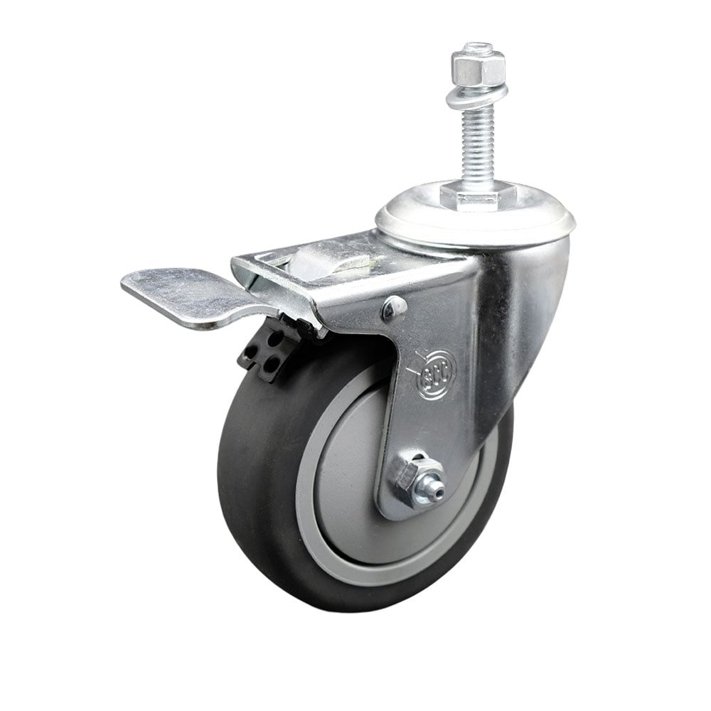 Thermoplastic Rubber Swivel Threaded Stem Caster - 4 x 1.25 in. Gray Wheel & 0.37 in. Stem & Total Locking Brake - 250 lbs Capacity per Caster
