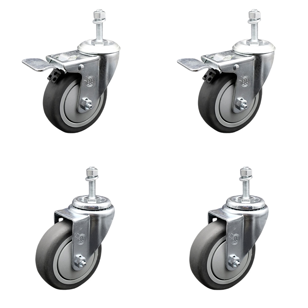 Thermoplastic Rubber Swivel Threaded Stem Caster - 4 x 1.25 in. Gray Wheels & 0.37 in. Stems - 1000 lbs Total Capacity - Set of 4