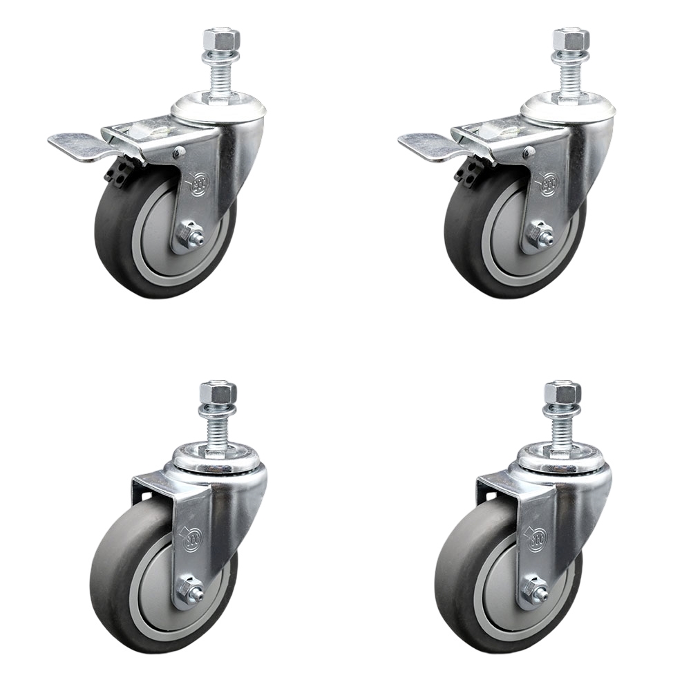 Thermoplastic Rubber Swivel Threaded Stem Caster - 4 x 1.25 in. Gray Wheels & 12 mm Metric Stems - 1000 lbs Total Capacity - Set of 4