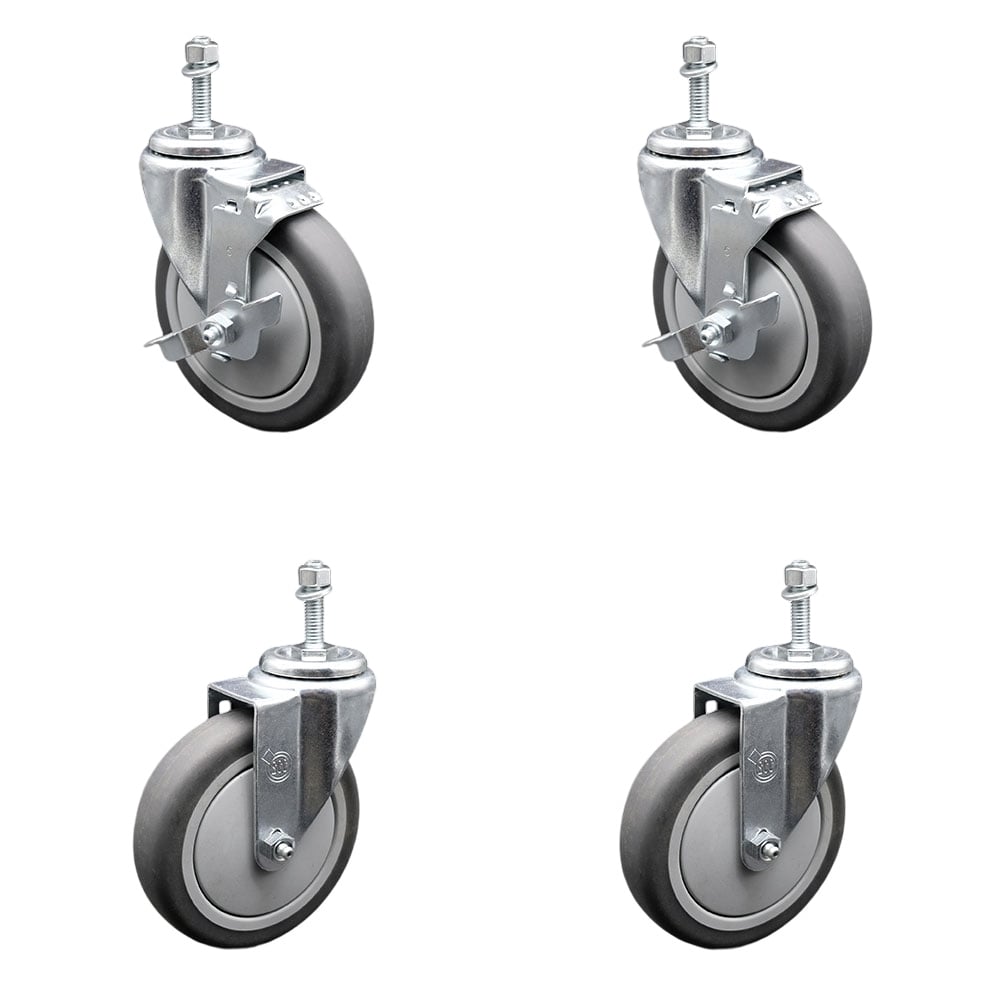 Thermoplastic Rubber Swivel Threaded Stem Caster - 5 x 1.25 in. Gray Wheels & 0.37 in. Stems - 1200 lbs Total Capacity - Set of 4