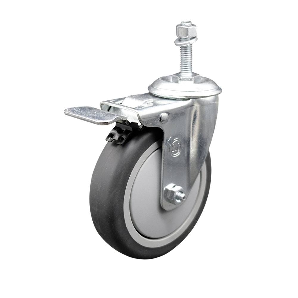 Thermoplastic Rubber Swivel Threaded Stem Caster - 5 x 1.25 in. Gray Wheel & 10 mm Metric Stem & Total Locking Brake - 300 lbs Capacity per Caster