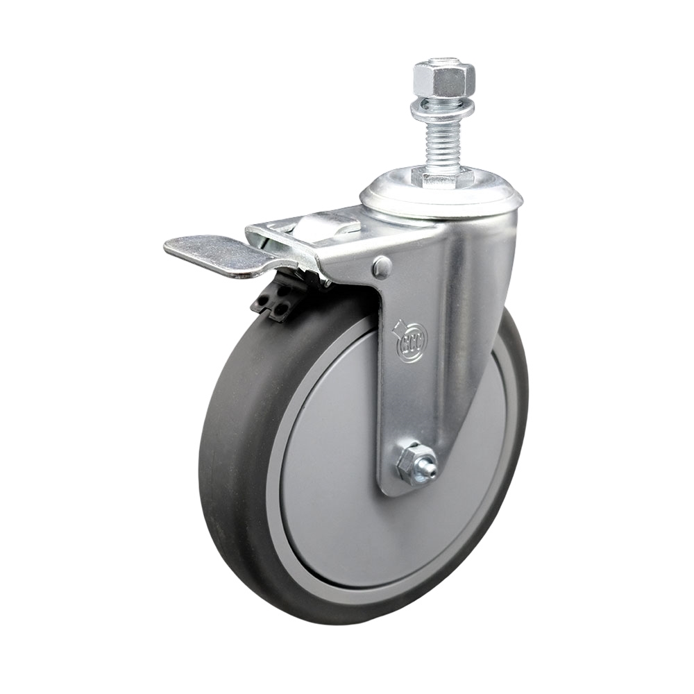 Thermoplastic Rubber Swivel Threaded Stem Caster - 6 x 1.25 in. Gray Wheel & 0.5 in. Stem & Total Locking Brake - 300 lbs Capacity per Caster