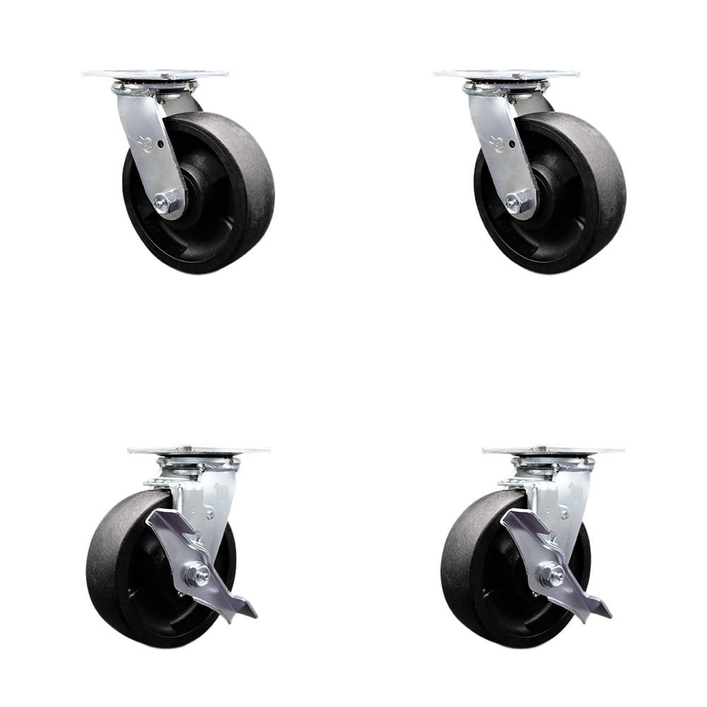 SCC-30CS620-GFNR-2-TLB-2 Glass Filled Nylon Swivel Top Plate Casters, Heavy Duty with 6 in. Wheels - 5000 lbs Total Capacity - Set of 4