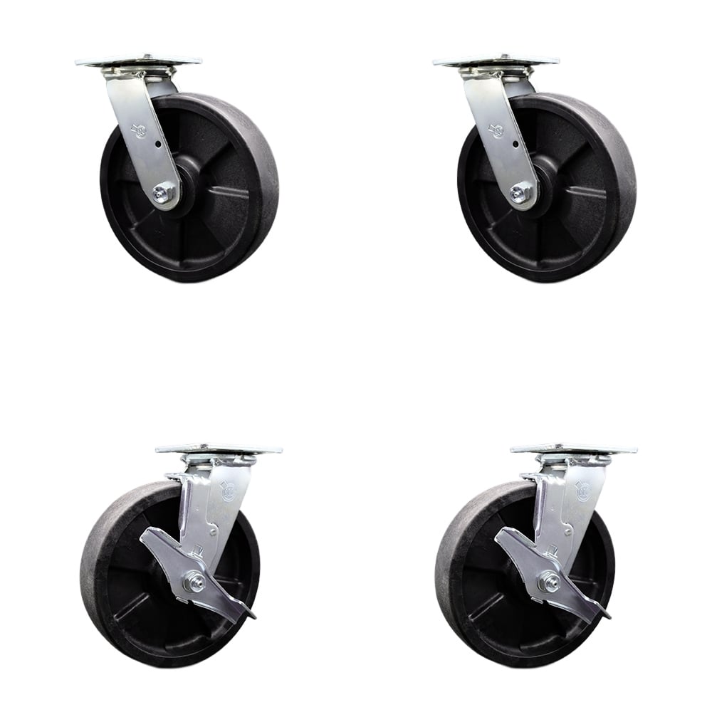 SCC-30CS820-GFNR-BSL-2-TLB-2 Glass Filled Nylon Swivel Top Plate Casters, Heavy Duty with 8 in. Wheels - 5000 lbs Total Capacity - Set of 4