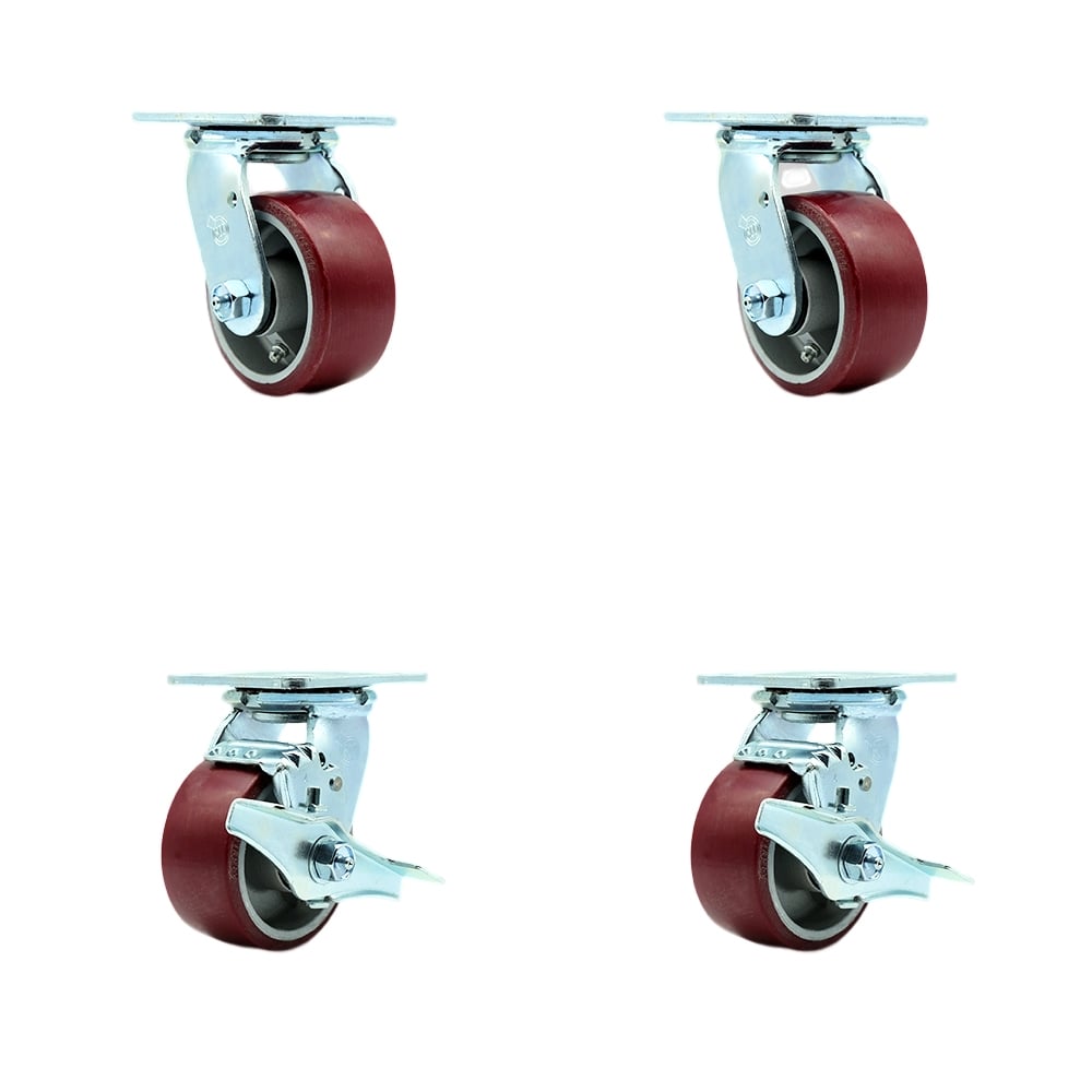 Stainless Steel Polyurethane on Aluminum Swivel Top Plate Casters, Heavy Duty with 4 in. Wheels - 2800 lbs Total Capacity - Set of 4