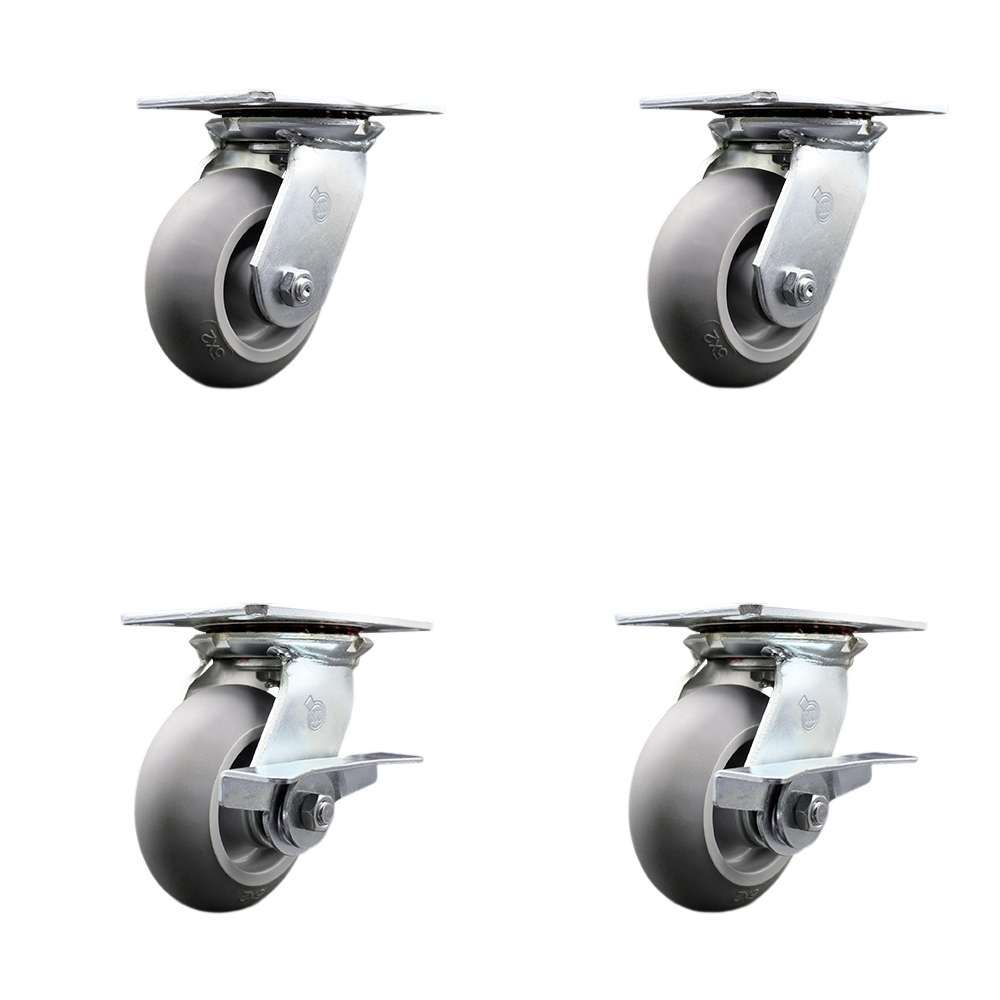 Heavy Duty Large Top Plate Thermo Rubber Donut Tread Swivel Caster with 5 x 2 in. Gray Wheels - 1400 lbs Total Capacity - Set of 4