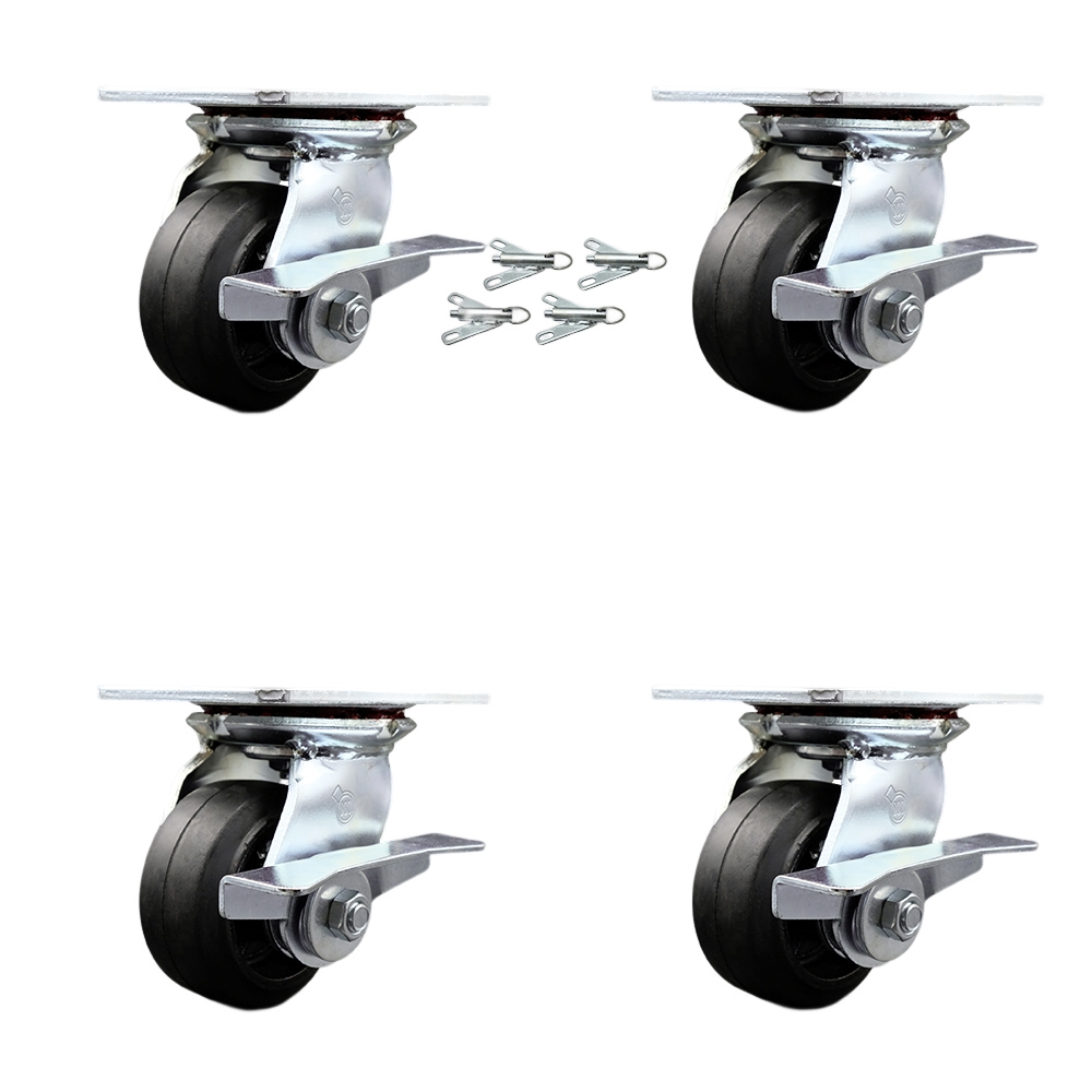 Heavy Duty Large Top Plate Rubber on Cast Iron Swivel Caster with 4 x 2 in. Black Wheels - 1600 lbs Total Capacity - Set of 4