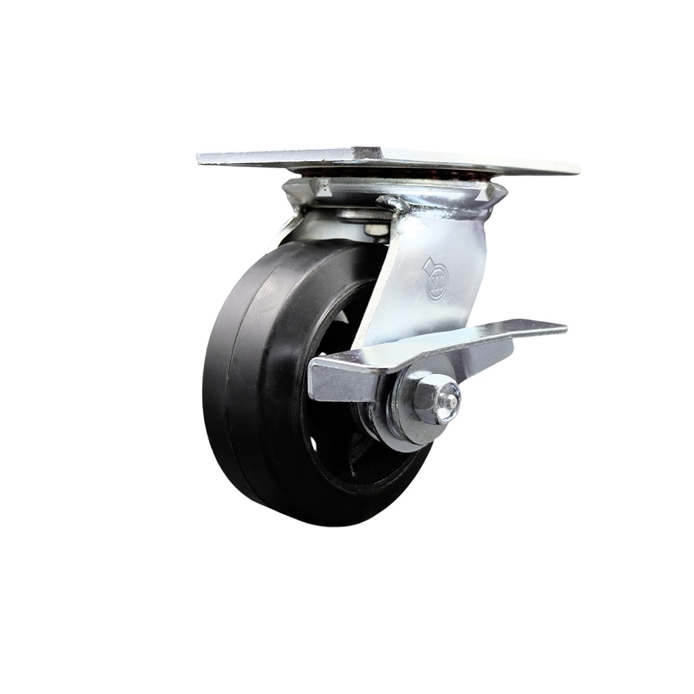 Heavy Duty Large Top Plate Rubber on Cast Iron Swivel Caster with 5 x 2 in. Black Wheel & Side Lock Brake - 400 lbs Capacity per Caster