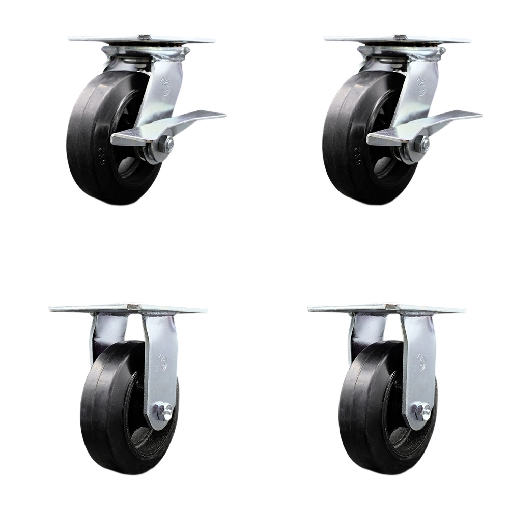 Heavy Duty Large Top Plate Rubber on Cast Iron Swivel Caster with 6 x 2 in. Black Wheels - 1800 lbs Total Capacity - Set of 4