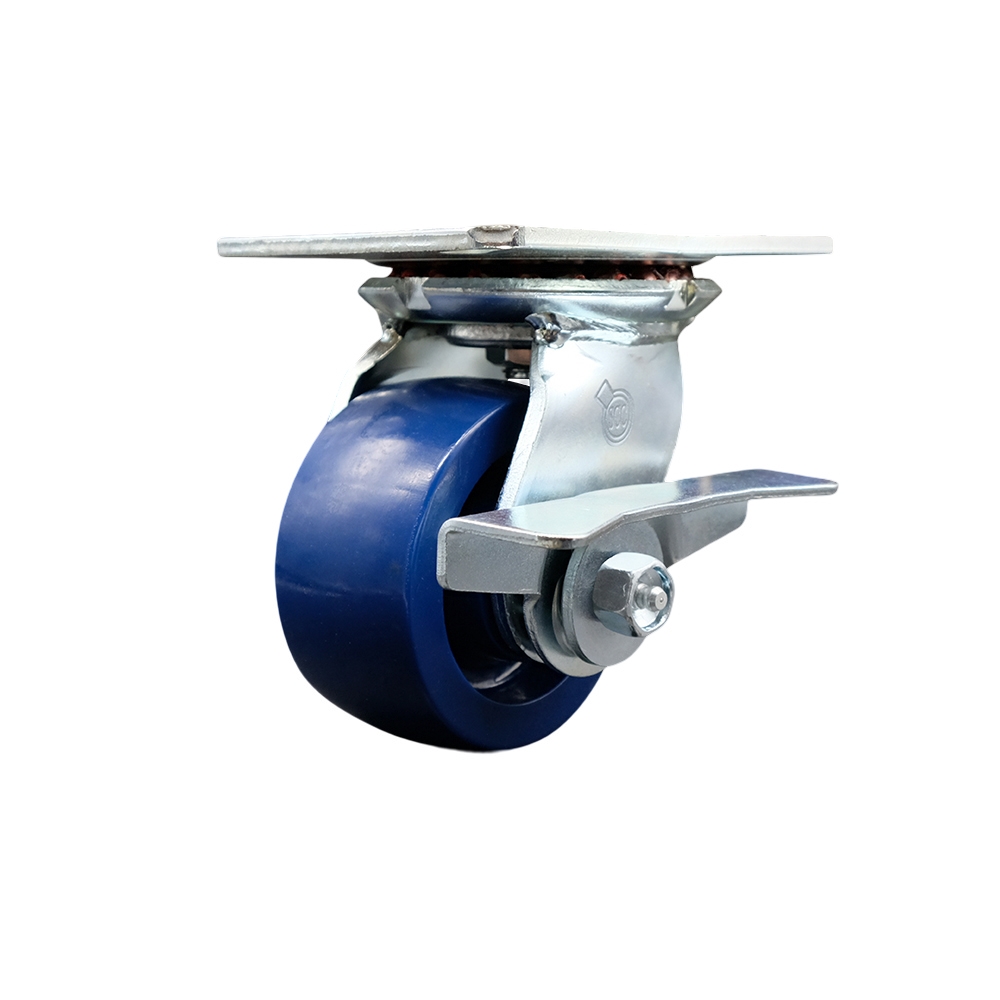 Heavy Duty Large Top Plate Solid Polyurethane Swivel Caster with 4 x 2 in. Blue Wheel & Side Lock Brake - 700 lbs Capacity per Caster