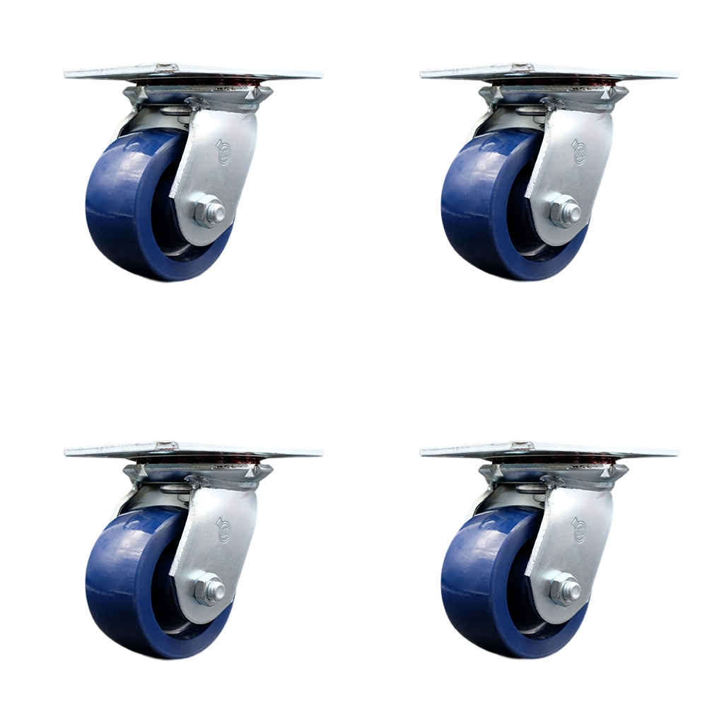 SCC-35S420-SPUR-BSL-4 Heavy Duty Large Top Plate Solid Polyurethane Swivel Caster with 4 x 2 in. Blue Wheels - 2800 lbs Total Capacity - Set of 4