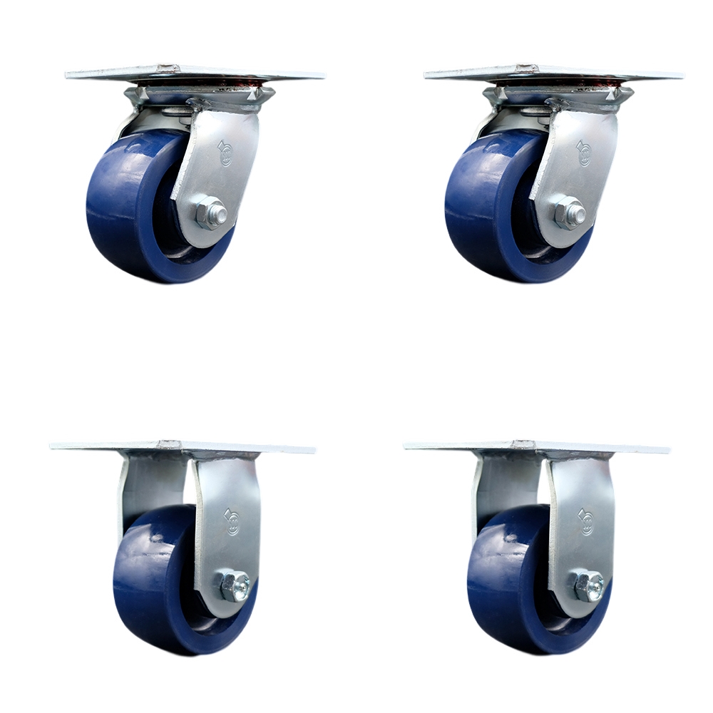 SCC-35S420-SPUR-2-R-2 Heavy Duty Large Top Plate Solid Polyurethane Swivel Caster with 4 x 2 in. Blue Wheels - 2800 lbs Total Capacity - Set of 4