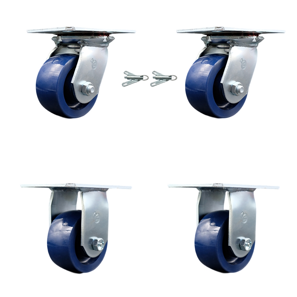SCC-35S420-SPUR-BSL-2-R-2 Heavy Duty Large Top Plate Solid Polyurethane Swivel Caster with 4 x 2 in. Blue Wheels - 2800 lbs Total Capacity - Set of 4