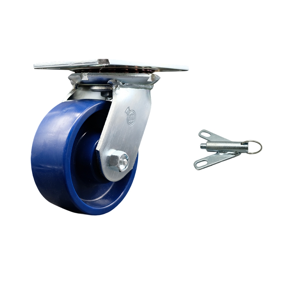 Heavy Duty Large Top Plate Solid Polyurethane Swivel Caster with 5 x 2 in. Blue Wheel & Bolt on Swivel Lock - 1000 lbs Capacity per Caster