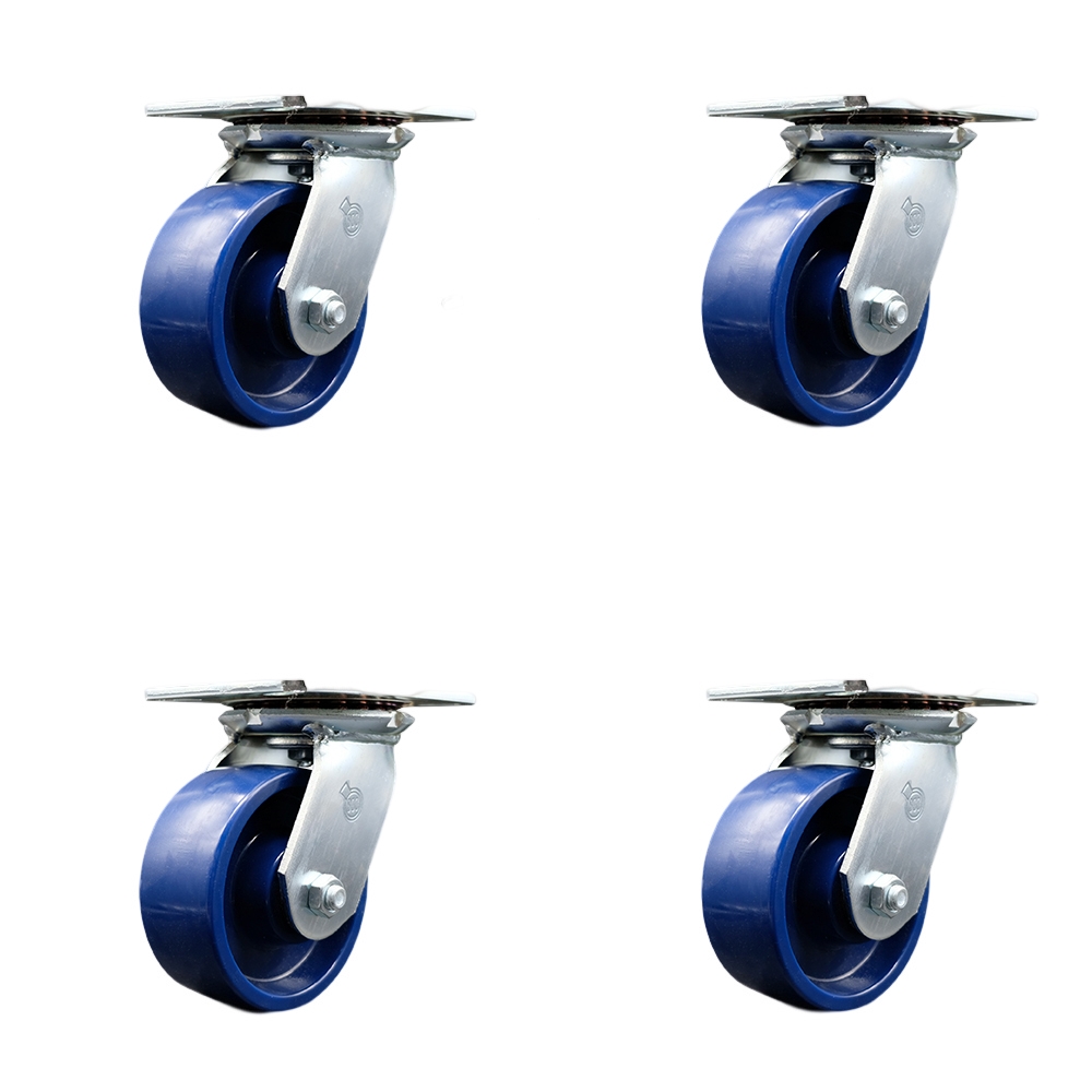 SCC-35S520-SPUR-BSL-4 Heavy Duty Large Top Plate Solid Polyurethane Swivel Caster with 5 x 2 in. Blue Wheels - 4000 lbs Total Capacity - Set of 4