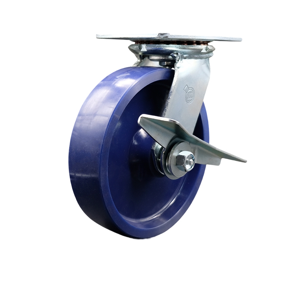 Heavy Duty Large Top Plate Solid Polyurethane Swivel Caster with 8 x 2 in. Blue Wheel & Side Lock Brake - 1200 lbs Capacity per Caster