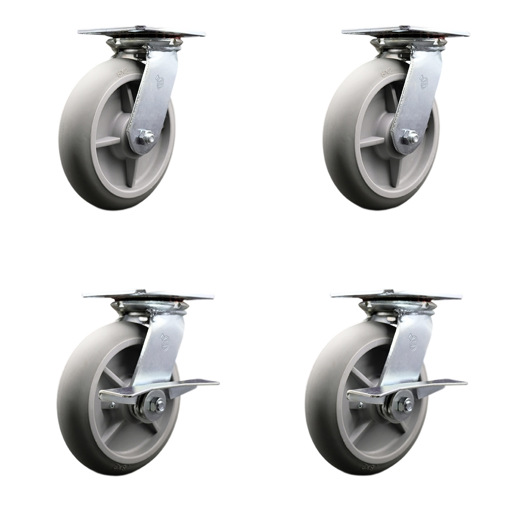 Heavy Duty Large Top Plate Thermo Rubber Donut Tread Swivel Caster with 8 x 2 in. Gray Wheels - 2400 lbs Total Capacity - Set of 4