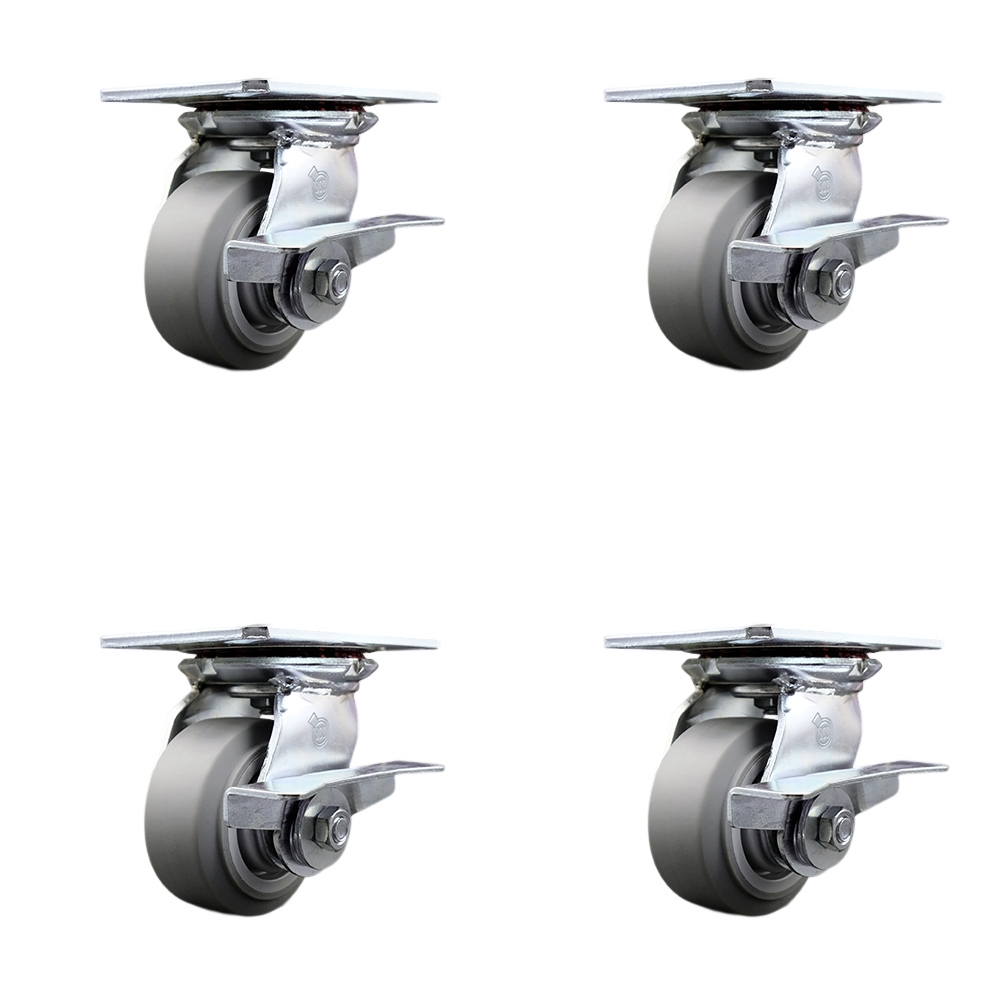Heavy Duty Large Top Plate Thermo Rubber Flat Tread Swivel Caster with 4 x 2 in. Gray Wheels - 1200 lbs Total Capacity - Set of 4