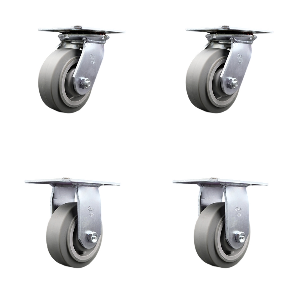 Heavy Duty Large Top Plate Thermo Rubber Flat Tread Swivel Caster with 5 x 2 in. Gray Wheels - 1400 lbs Total Capacity - Set of 4