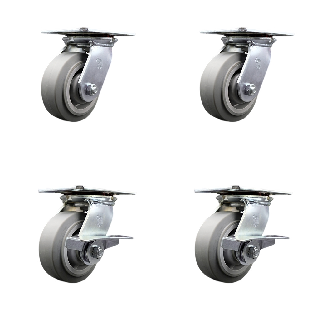 Heavy Duty Large Top Plate Thermo Rubber Flat Tread Swivel Caster with 5 x 2 in. Gray Wheels - 1400 lbs Total Capacity - Set of 4
