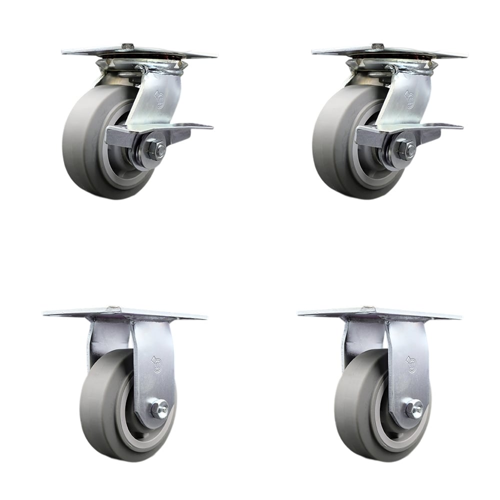 Heavy Duty Large Top Plate Thermo Rubber Flat Tread Swivel Caster with 5 x 2 in. Gray Wheels - 1400 lbs Total Capacity - Set of 4