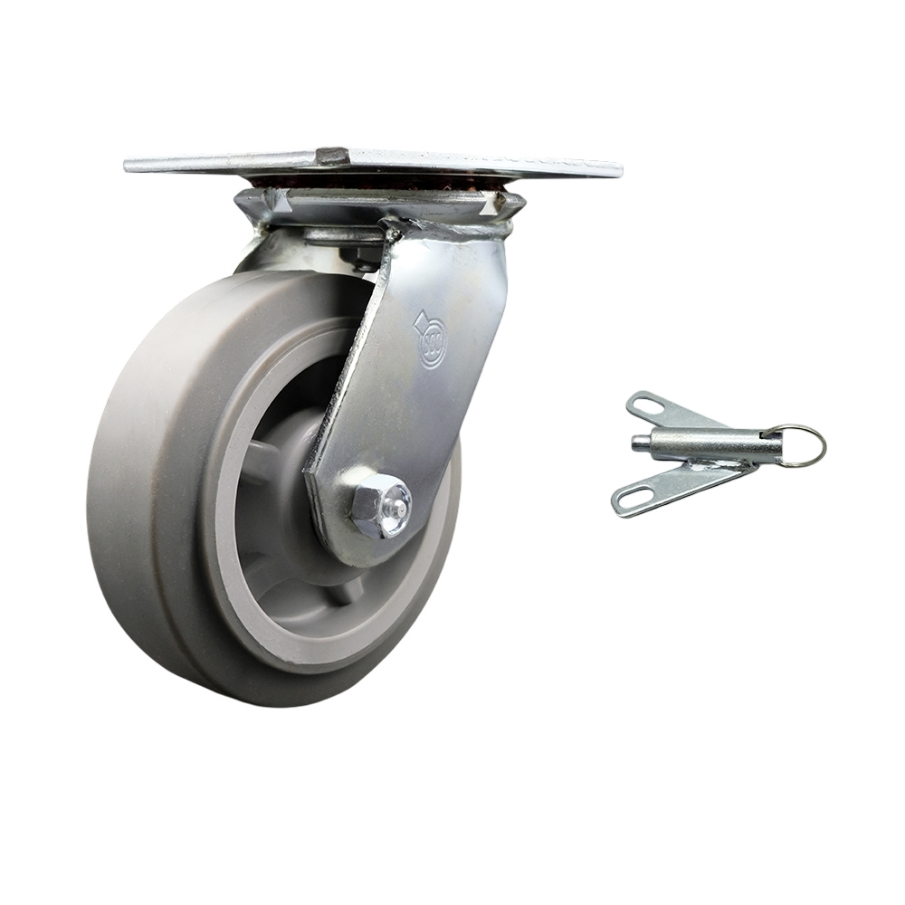 Heavy Duty Large Top Plate Thermo Rubber Flat Tread Swivel Caster with 6 x 2 in. Gray Wheel & Bolt on Swivel Lock - 500 lbs Capacity per Caster