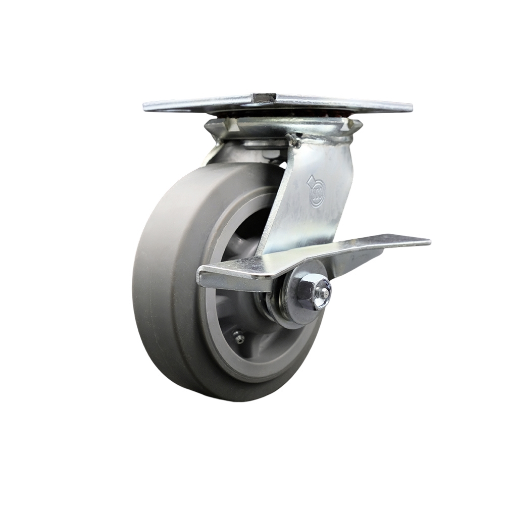 Heavy Duty Large Top Plate Thermo Rubber Flat Tread Swivel Caster with 6 x 2 in. Gray Wheel & Side Lock Brake - 500 lbs Capacity per Caster