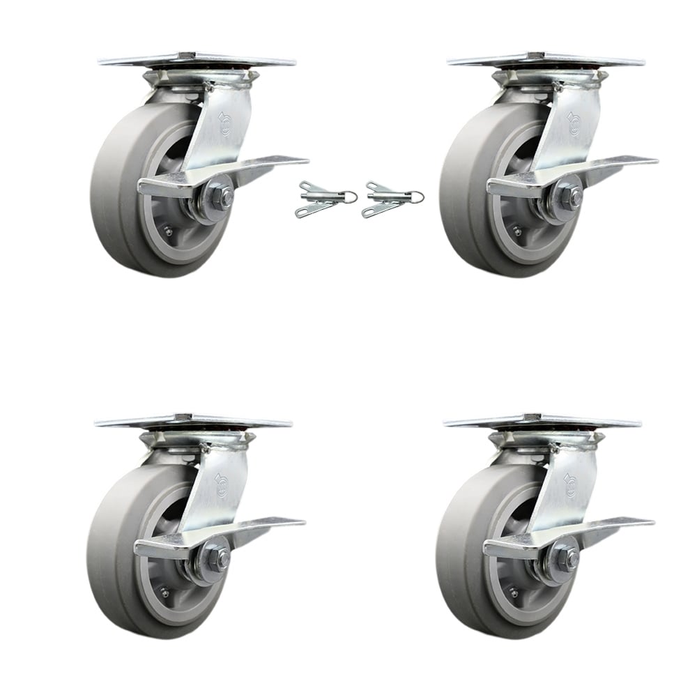 Heavy Duty Large Top Plate Thermo Rubber Flat Tread Swivel Caster with 6 x 2 in. Gray Wheels - 2000 lbs Capacity - Set of 4