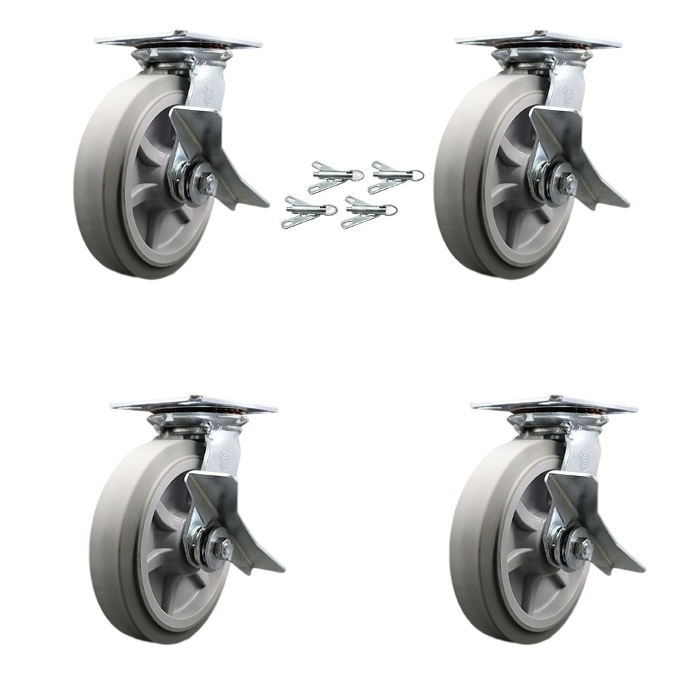 Heavy Duty Large Top Plate Thermo Rubber Flat Tread Swivel Caster with 8 x 2 in. Gray Wheels - 2400 lbs Total Capacity - Set of 4