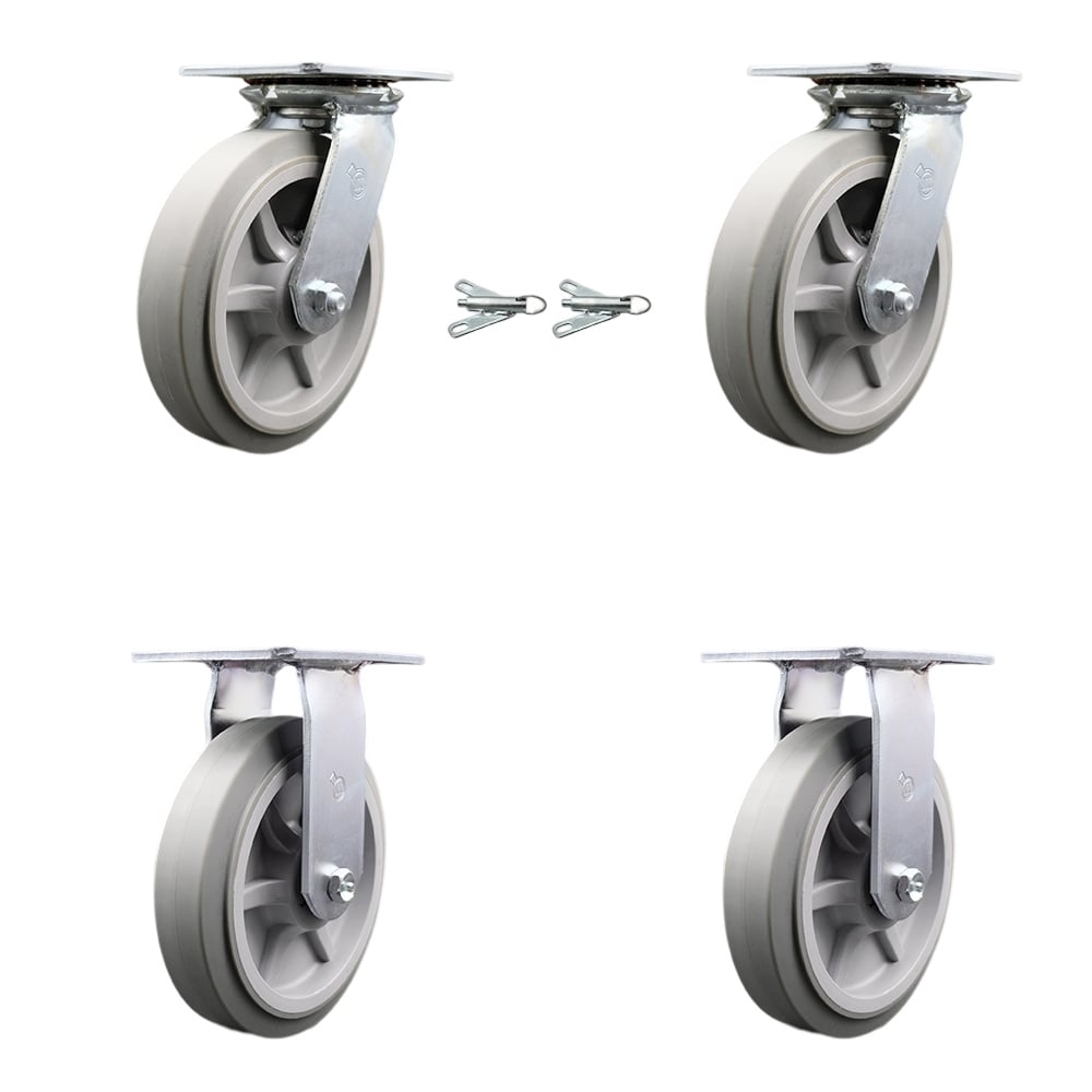 Heavy Duty Large Top Plate Thermo Rubber Flat Tread Swivel Caster with 8 x 2 in. Gray Wheels - 2400 lbs Total Capacity - Set of 4