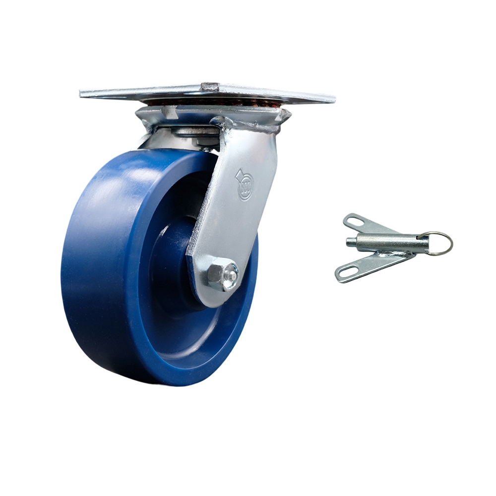 Heavy Duty Large Top Plate Solid Polyurethane Swivel Caster with 6 x 2 in. Blue Wheel & Bolt on Swivel Lock - 1200 lbs Capacity per Caster