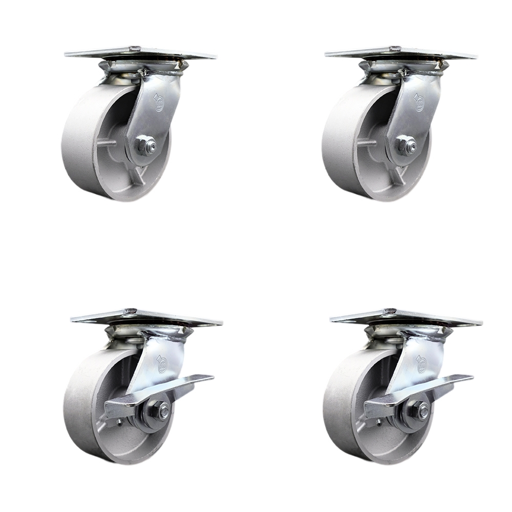 Heavy Duty Large Top Plate Semi Steel Cast Iron Swivel Caster with 5 x 2 in. Silver Wheels - 4000 lbs Total Capacity - Set of 4