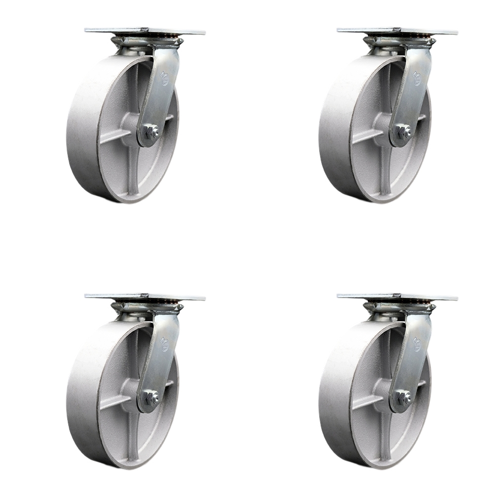 SCC-35S820-SSR-BSL-4 Heavy Duty Large Top Plate Semi Steel Cast Iron Swivel Caster with 8 x 2 in. Silver Wheels - 5000 lbs Total Capacity - Set of 4