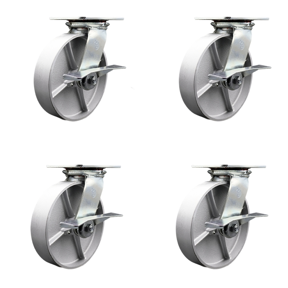 Heavy Duty Large Top Plate Semi Steel Cast Iron Swivel Caster with 8 x 2 in. Silver Wheels - 5000 lbs Capacity - Set of 4