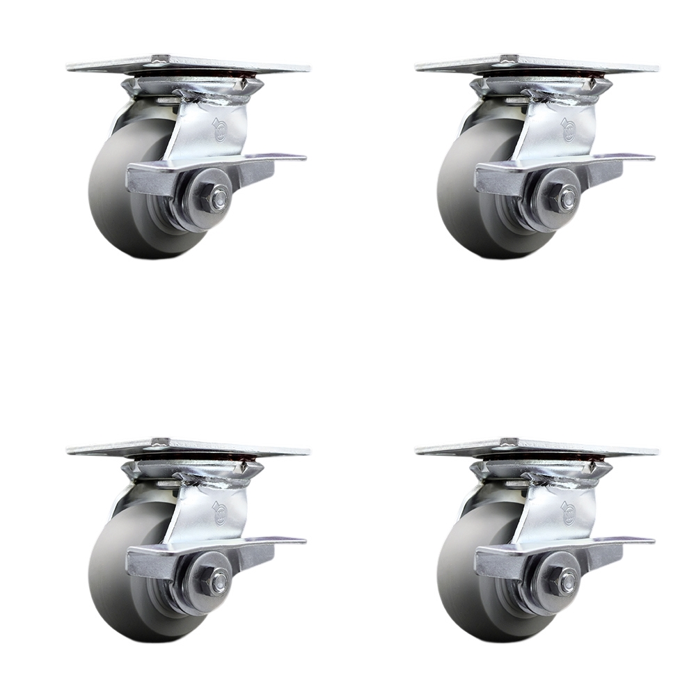 Heavy Duty Large Top Plate Thermo Rubber Donut Tread Swivel Caster with 4 x 2 in. Gray Wheels - 1200 lbs Total Capacity - Set of 4