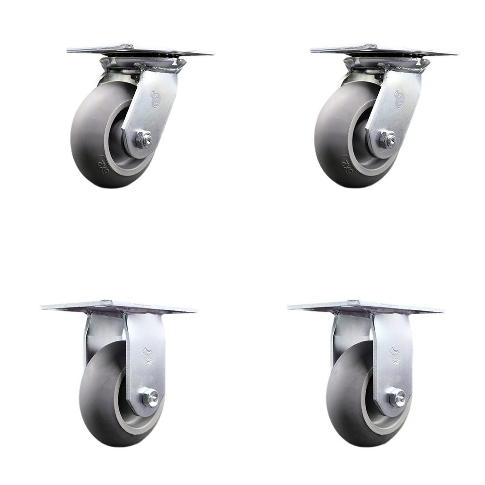 Heavy Duty Large Top Plate Thermo Rubber Donut Tread Swivel Caster with 5 x 2 in. Gray Wheels - 1400 lbs Total Capacity - Set of 4
