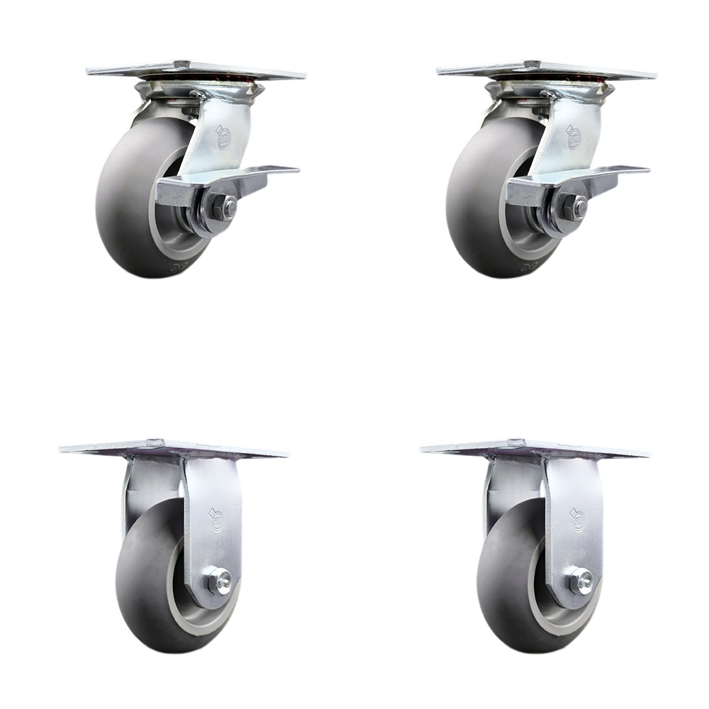 Heavy Duty Large Top Plate Thermo Rubber Donut Tread Swivel Caster with 5 x 2 in. Gray Wheels - 1400 lbs Total Capacity - Set of 4