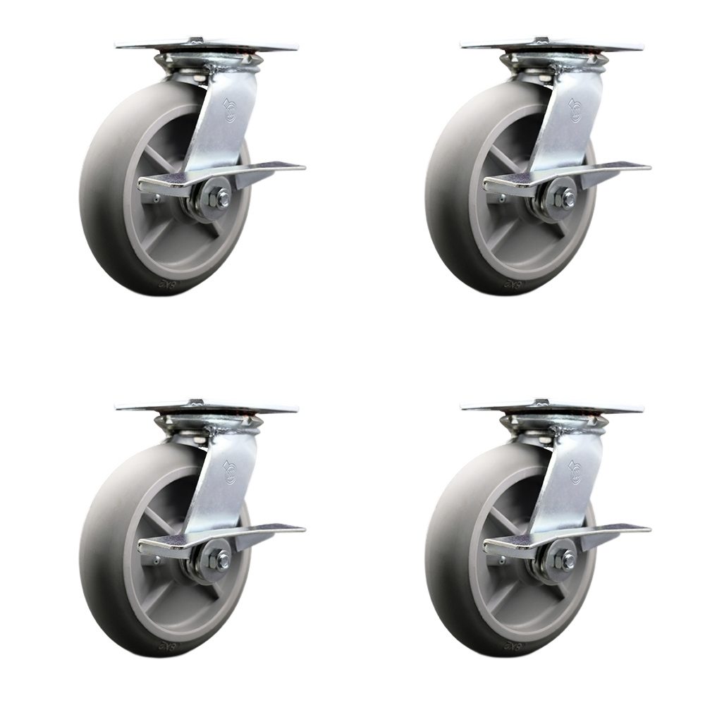 Heavy Duty Large Top Plate Thermo Rubber Donut Tread Swivel Caster with 8 x 2 in. Gray Wheels - 2400 lbs Total Capacity - Set of 4
