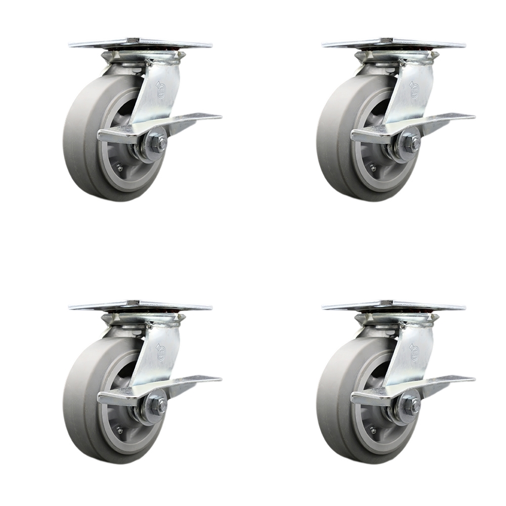 Heavy Duty Large Top Plate Thermo Rubber Flat Tread Swivel Caster with 6 x 2 in. Gray Wheels - 2000 lbs Total Capacity - Set of 4